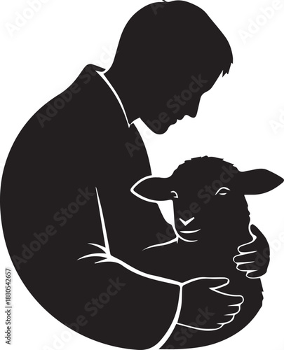 Shepherd holding gentle lamb silhouette caring figure loving embrace christianity vector