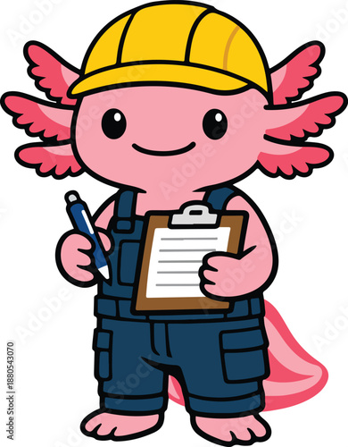 Cute Pink Axolotl Construction Worker Mascot Holding Clipboard and Pen - Vector Character Illustration