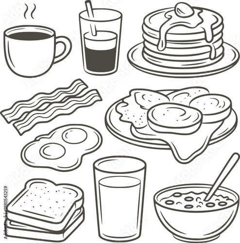 Black and line of breakfast foods and drinks