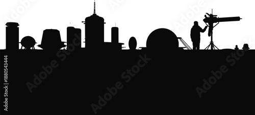 industrial, skyline, silhouette, factory, refinery, tanks, worker, telescope, observation, industry, energy, infrastructurehnology, monitoring, urban, landscape, black, shadow, panorama
