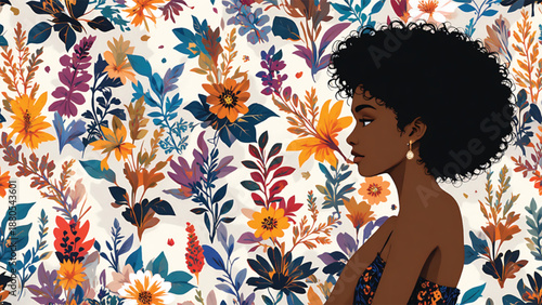 African American woman profile with afro hairstyle surrounded by vibrant floral patterns.
