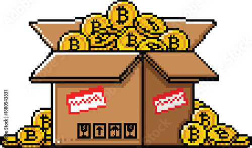 pixel, bitcoin, coins, box, cryptocurrency, delivery, package, digital, money, blockchain, finance, shipping, cargo, golden, tokens, retro, illustration, investment, virtual, payment