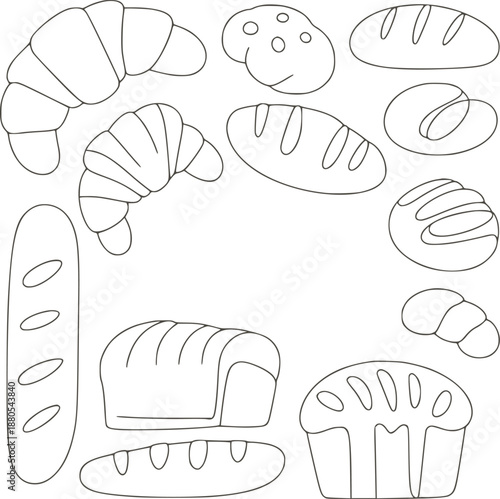 Minimalist line of various breads and pastries croissants baguette muffin