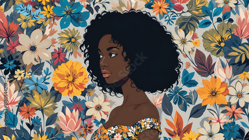 African American woman profile with afro hairstyle surrounded by vibrant floral patterns.