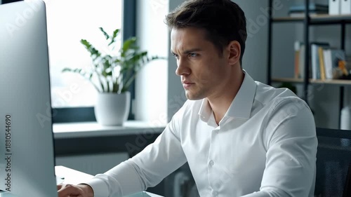 Focused businessman working at modern office desk. Professional male employee analyzes data on computer screen. Corporate environment inspires productivity and innovation.