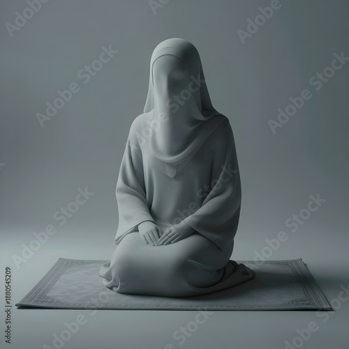 Serene woman in traditional attire sitting in meditation on a prayer mat