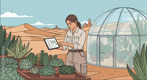 Woman standing with tablet in greenhouse.