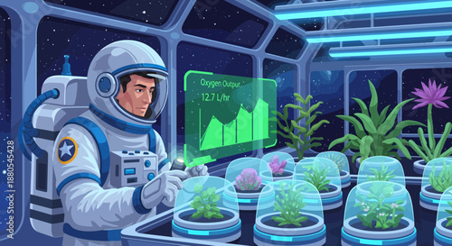 Astronaut Examines Plants in Space Station.