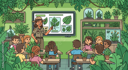 children sitting at desks in classroom.