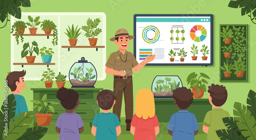 Man giving presentation to children plants.