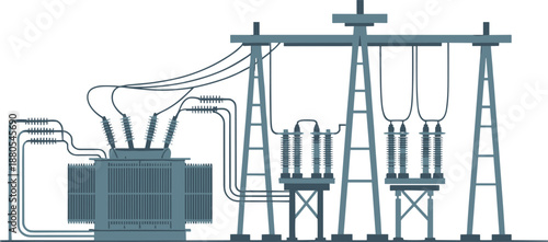High voltage electrical substation with transformer, insulators and transmission lines isolated, industrial power grid infrastructure, energy distribution engineering system