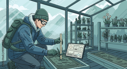 Man in greenhouse with laptop computer.