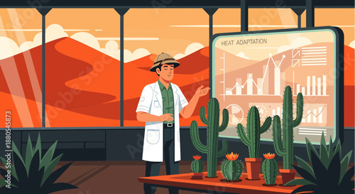 Man in lab coat standing with cacti.