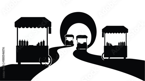 Silhouetted food carts on a winding path leading to a circular opening.