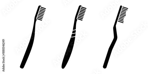 Black silhouette toothbrush set for dental hygiene, professional oral care tool icons, bathroom accessory collection for teeth cleaning and health vector illustration
