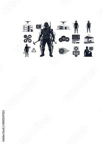 Exoskeleton Construction Worker Silhouette, Modular Building and Human Augmentation, Future Industry and Workplace Safety Vector Illustration