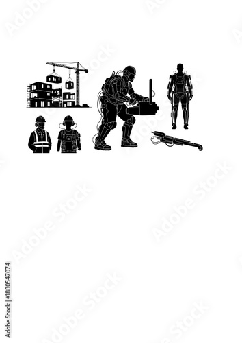 Exoskeleton Construction Worker Silhouette, Modular Building and Human Augmentation, Future Industry and Workplace Safety Vector Illustration