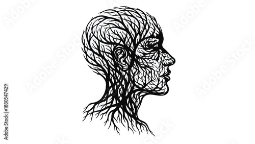 Silhouette of a human head formed by intertwining tree branches, symbolizing nature and the mind.