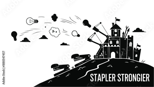 Castle of innovation launching ideas with stapler catapults and lightbulbs