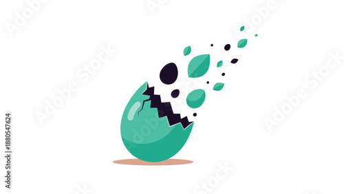 Cracked Green Egg with Exploding Leaves and Debris, Generative AI.
