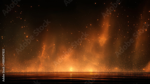 Cinematic golden light rising through darkness with floating dust particles and soft fog, elegant volumetric glow background for awards and presentations