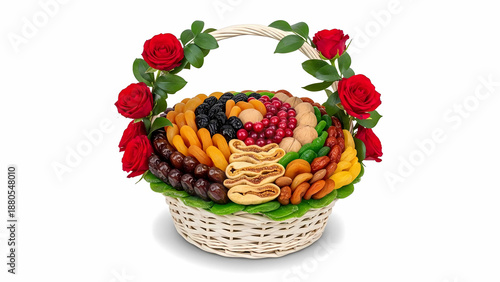 Decorative Gift Basket Filled with Dry Fruits and Red Roses Isolated