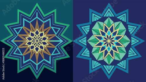 Intricate Geometric Mandala Stars and Floral Kaleidoscope Design