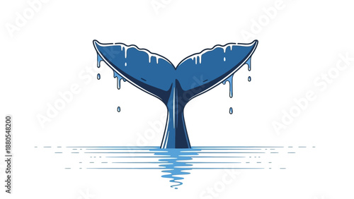Illustration of a blue whale tail emerging from the ocean water with dripping water droplets.