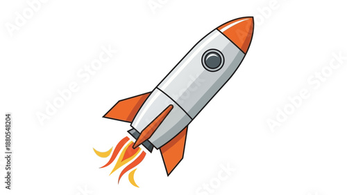 Illustration of a classic cartoon rocket ship blasting off with flames.