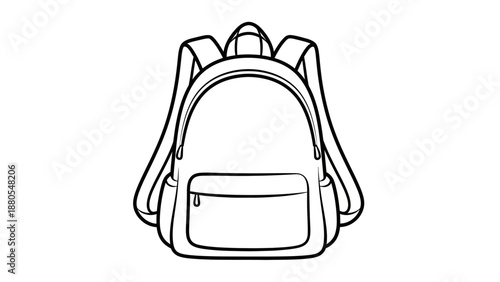Simple black and white line drawing of a backpack with front pocket and straps.