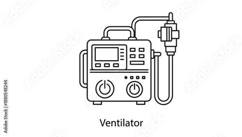 Black and white line art illustration of a medical ventilator device.