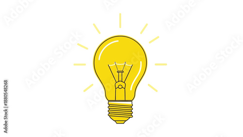 Bright yellow light bulb symbolizing ideas and creativity with rays.