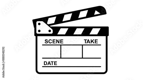 Black and white illustration of a classic movie clapperboard used in film production.