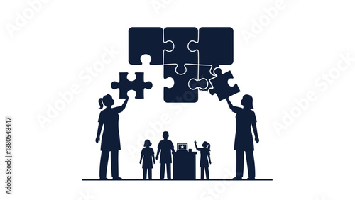 Business team collaborating to complete a large puzzle symbolizing teamwork and problem solving.