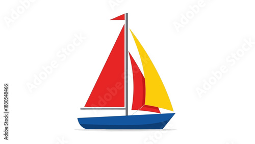 Colorful sailboat illustration with red, yellow, and blue sails on white background.