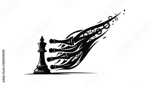 Chess king unleashing a powerful offensive of pawns and gears