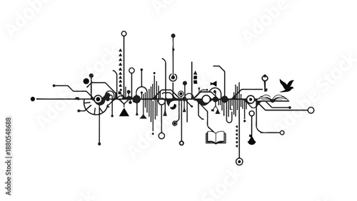 Intricate abstract network of lines, circles, and symbols suggesting data flow and connectivity.