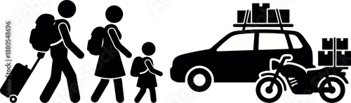 Family with luggage and vehicles ready for a journey symbolizing travel and adventure.