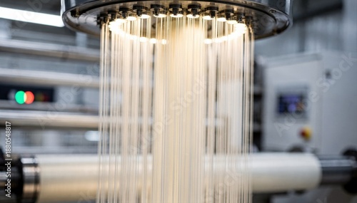 Closeup medium shot of hightenacity polyester yarn being spun on extrusion lines showcasing smooth continuous strands in a vibrant industrial setting.