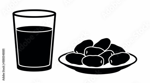 Glass of water and dates on a plate black and white illustration.