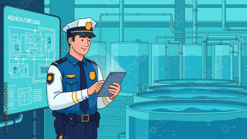 Security Guard Holding Tablet in Uniform.