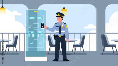 Security Guard Standing Near Control Panel.