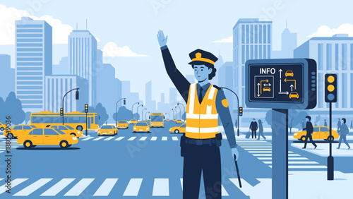Traffic Policeman Directing Vehicles at City Intersection.