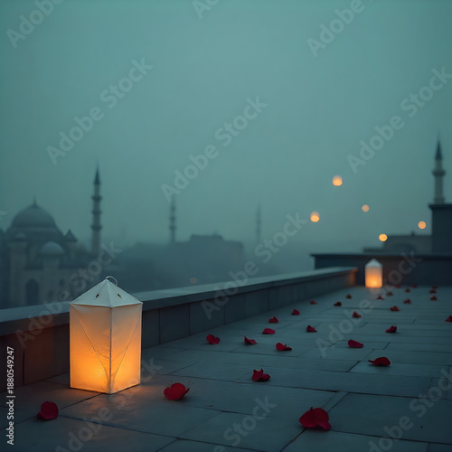 Romantic rooftop setting with lanterns and rose petals at dusk