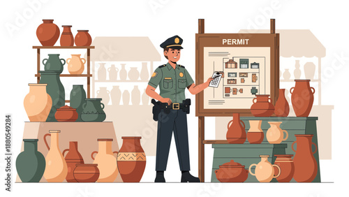 Police Officer Examining Ancient Pottery Collection.