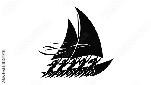 Team of people working together to sail a boat, symbolizing unity and collaboration.