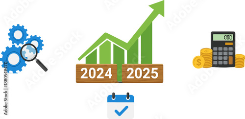 Business growth illustration set, financial planning icons, 2024–2025 bar chart, gears, calculator, coins, calendar, strategy and analysis vector