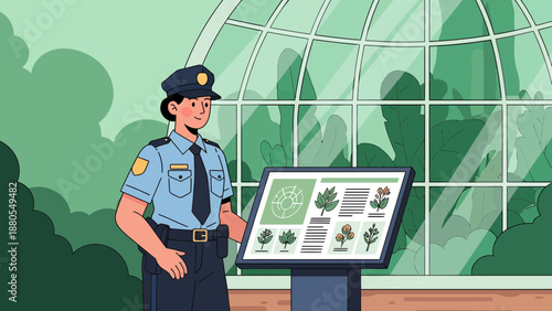 Police Officer Standing with Information Display.