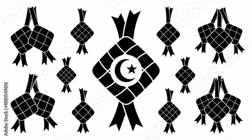 Ketupat and Islamic Crescent Star Symbol Black and White Illustration.