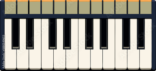 Top-Down View of a Piano Keyboard Illustration with Tan and Gold Control Panel